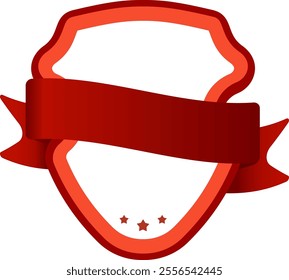Red ribbon wrapping around an empty shield decorated with three red stars, creating a festive and celebratory design, ideal for promotional or award related projects