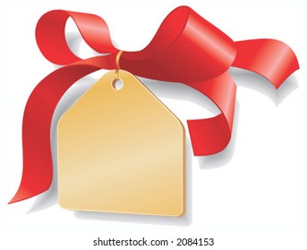Red ribbon,golden plate. Add your text - discount, gift, sale. Vector Illustration