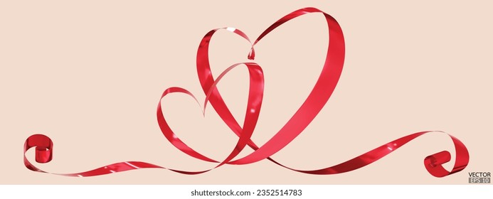 Red ribbons 2 hearts isolated on beige background. Continuous ribbon line art drawing. Element for Valentine's day, mother's day wedding and print. 3D vector illustration. - Powered by Shutterstock - Get 15% off with code: PIKWIZARD15