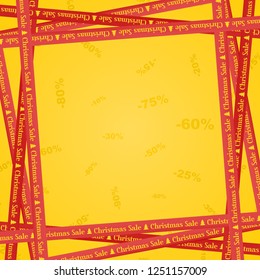 Red ribbons around with yellow lettering christmas sale and stripes indicating sales place on a yellow background with number. Warning and caution business tapes 