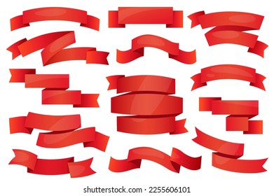 Red ribbons and badges set graphic elements in flat design. Bundle of empty cartoon swirl and curve celebration banners and price tags with empty message space. Vector illustration isolated objects