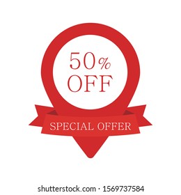 Red ribbons banner special offer with a location sign and a discount of up to 50. Vector Illustration