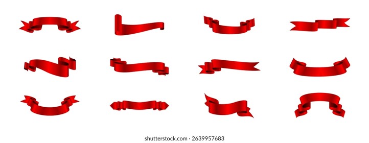 Red ribbons banner vector collection. Curved festive red labels