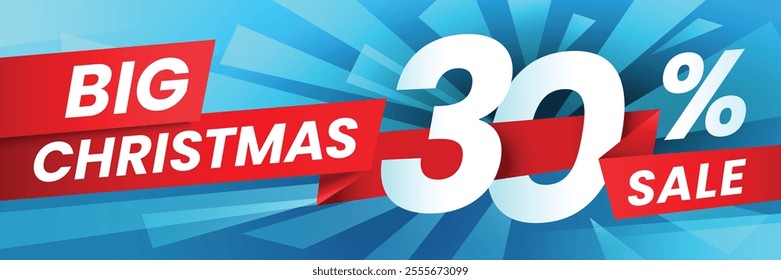Red ribbons with big christmas sale writing and a big 30 percent discount. on a blue background with light blue rays coming from the center promote holiday shopping