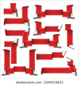 Red ribbons, big set of hand drawn design elements. flag, banner, label, mark isolated on white. Cartoon ribbon with empty space for title writing. Design collection of tapes. Pro Vector