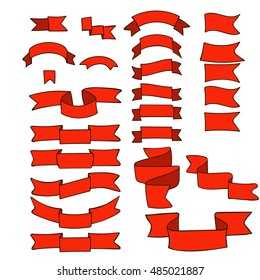 Red ribbons, big set of hand drawn design elements: flag, banner, label, mark isolated on white. Cartoon ribbon with empty space for title writing. Design collection of tapes. Vector illustration.