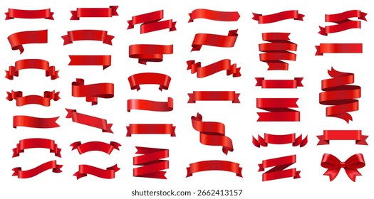 Red Ribbons Big Set Isolated White Background With Gradient Mesh, Vector Illustration