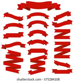 Red Ribbons Big Set, Isolated on Transparent Background, Vector Illustration