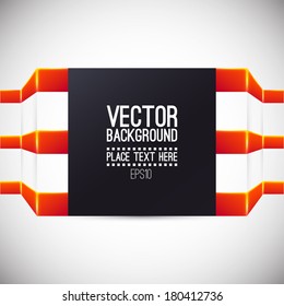 Red ribbons with black cube. Text notice. Geometric vector background