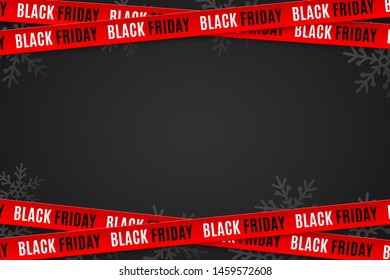 Red ribbons for black friday sale on black background. Crossed ribbons. Snowflakes background. Big sale. Graphic elements. Vector illustration. EPS 10