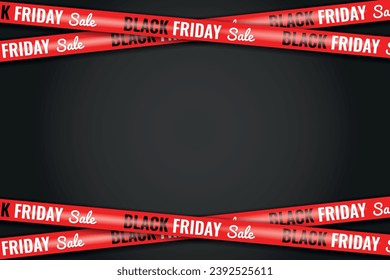 Red ribbons for black friday sale on black background. Crossed ribbons. Banner with Black Friday Big sale red ribbons. Flyer for promotion, shopping. Vector Graphic element EPS 10