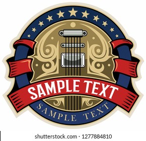 Red ribbons, blue circle with stars and electric guitar on background. Country music logo concept.