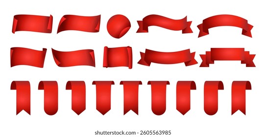 Red Ribbons and Bookmarks Collection. Empty Banner Design Element with Space for Text. Decorative Label Set. 