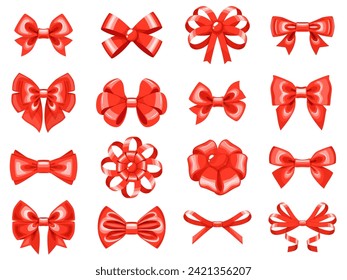 Red ribbons and bowknots. Holiday decorative wrapper elements, gift packing objects, celebration and congratulation, satin bows, valentine, birthday and wedding packaging, vector set