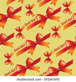 Red ribbons and bows. The pattern on the yellow background. Vector Image. Design for textiles sites, packaging materials.