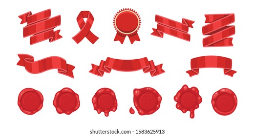 Red ribbons and cartoon red old wax stamps set, isolated on white background. Decorative ribbon banner and sealing label setcollection.
