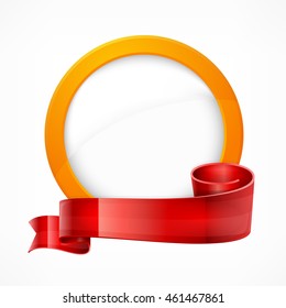 Red ribbons and circle frame with space for text on white. Award and sale design template. Vector illustration
