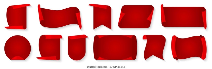 Red ribbons collection with curled paper shapes and realistic folds. Decorative banners for announcements and labels in classic style