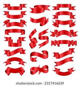 Red ribbons collection. Ribbon vector banners set. Realistic label design. Waving ribbon, ribbon curled tag. Silk ribbon for decoration.