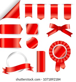 Red Ribbons, flag and labels Set isolated On White Background. Vector Illustration for your design
