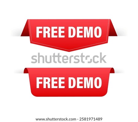 Red ribbons with free demo offer hanging on white background