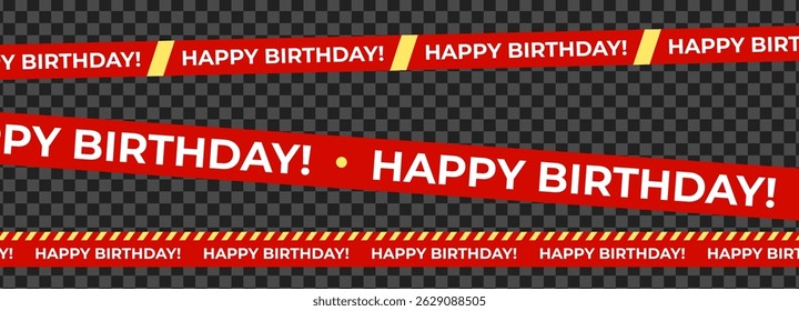 Red ribbons with Happy Birthday text, cheerful celebratory mood. Bright birthday tape for party decor, invitations, greeting banners. Flat digital graphic vector illustration.