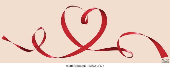 Red ribbons heart isolated on beige background. Continuous ribbon line art drawing. Element for Valentine's day, mother's day wedding and print. 3D vector illustration.