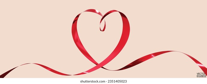 Red ribbons heart isolated on beige background. Continuous ribbon line art drawing. Element for Valentine's day, mother's day wedding and print. 3D vector illustration.