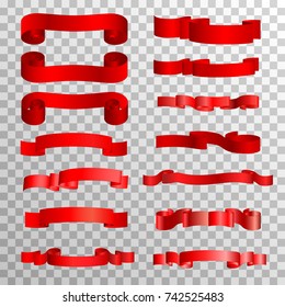 Red ribbons for holidays. Set of vector images on a transparent background.