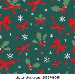 Red ribbons holly berries and snow flakes Seamless pattern. New Year and Christmas Decorations Seamless Pattern. Can be used as wallpaper, gift wrapping paper, card or banner template or else.
