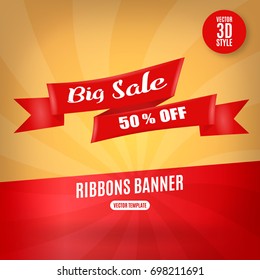 Red ribbons horizontal banner isolated vector illustration
