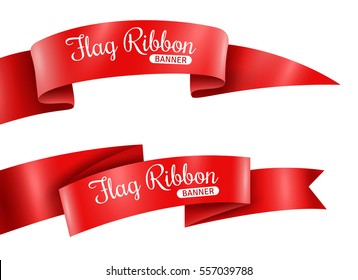 Red ribbons horizontal banners set flat isolated vector illustration