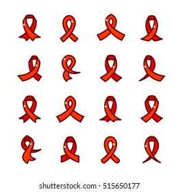 Red ribbons icons set, symbol of AIDS awareness, colorful outline vector illustration