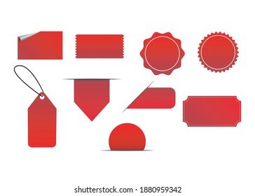 Banderas rojas, etiquetas y etiquetas, banners y marcadores de conjunto de vectores realistas. varias etiquetas de precios en blanco de forma, etiquetas de venta web y plantillas de banners web colgando, pegando y haciendo esquina