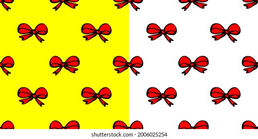 Red ribbons on white and yellow background. Two seamless backgrounds. Seamless pattern for printing on textiles, packaging 
