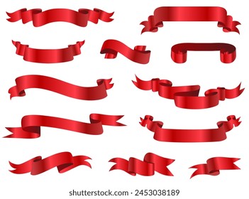 Red ribbons, realistic glossy red tape banner elements. Red Bow With Ribbons Set. Vector illustration EPS10