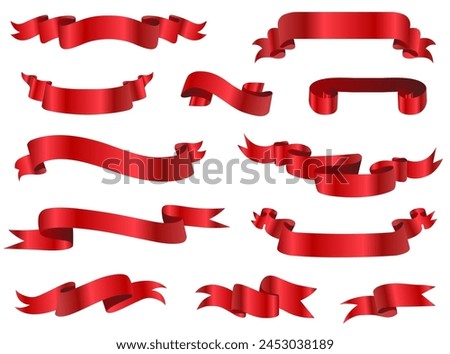 Red ribbons, realistic glossy red tape banner elements. Red Bow With Ribbons Set. Vector illustration EPS10