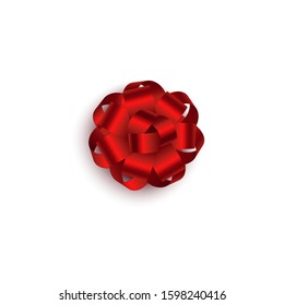 Red ribbons rounded beautiful rosette bow icon realistic vector illustration isolated on white background. Christmas or birthday, Valentine day surprise or gift package.