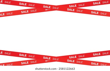 Red ribbons of sale on white background. Crossed ribbons with sale lettering. Attention tape. Sale, offer,   discount, advertising tape. Vector illustration