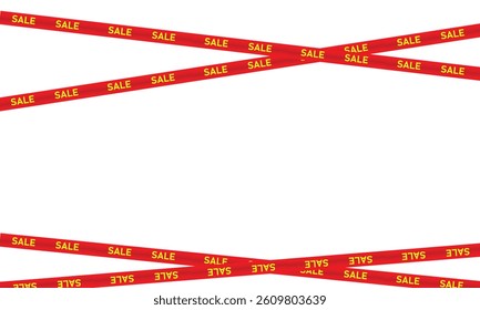 Red ribbons for the sale on a white background. Crossed ribbon with sale lettering. Discount area ribbons with a background for an advertisement, online store, or website. up an down
