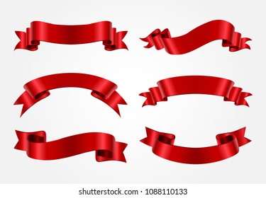 Red Ribbons Set. Collection of ribbons for your design. Vector illustration.