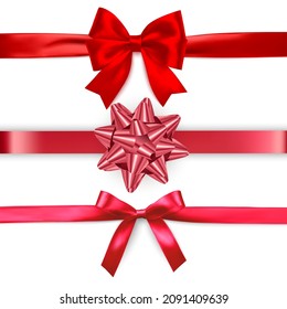 Red Ribbons Set, Horizontal red ribbon collection. Holiday gift decoration, valentine present tape knot, shiny sale, Vector format