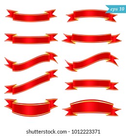 Red Ribbons Set, Isolated banners, golden lines, vector illustration