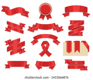 Red ribbons set, isolated on white background. Decorative ribbon banner collection.