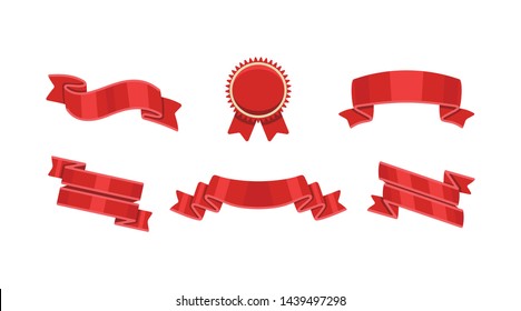 Red ribbons set, isolated on white background. Decorative ribbon banner collection.
