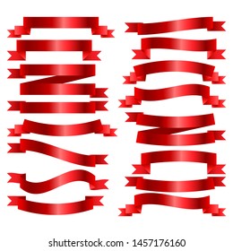 Red Ribbons Set, Isolated On White Background, Vector Illustration