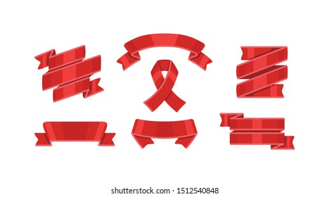 Red ribbons set, isolated on white background. Decorative ribbon banner collection.