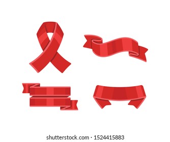 Red ribbons set, isolated on white background. Decorative ribbon banner collection.