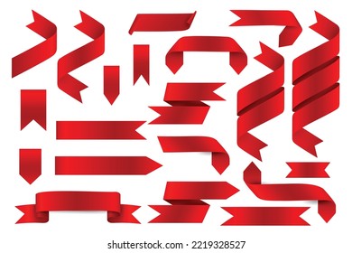 Juego De Cintas Rojas, Aisladas En Fondo Blanco, Ilustración Vectorial