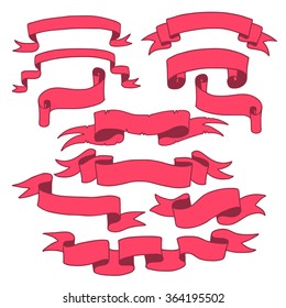 Red Ribbons Set, Isolated On White Background, Vector Illustration